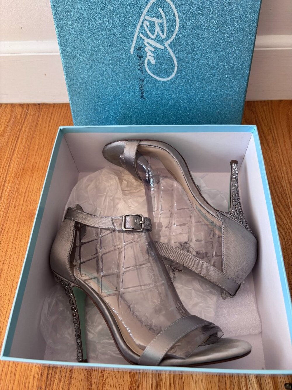 Betsey Johnson SB-Bells Silver Satin Rhinestone Dress Sandals